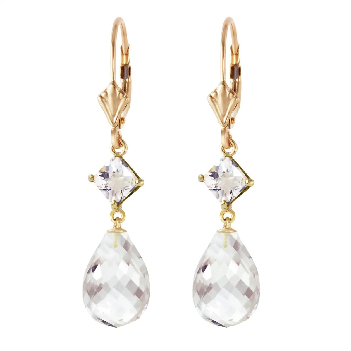 11 Carat 14K Solid Yellow Gold Leverback Earrings White Topaz