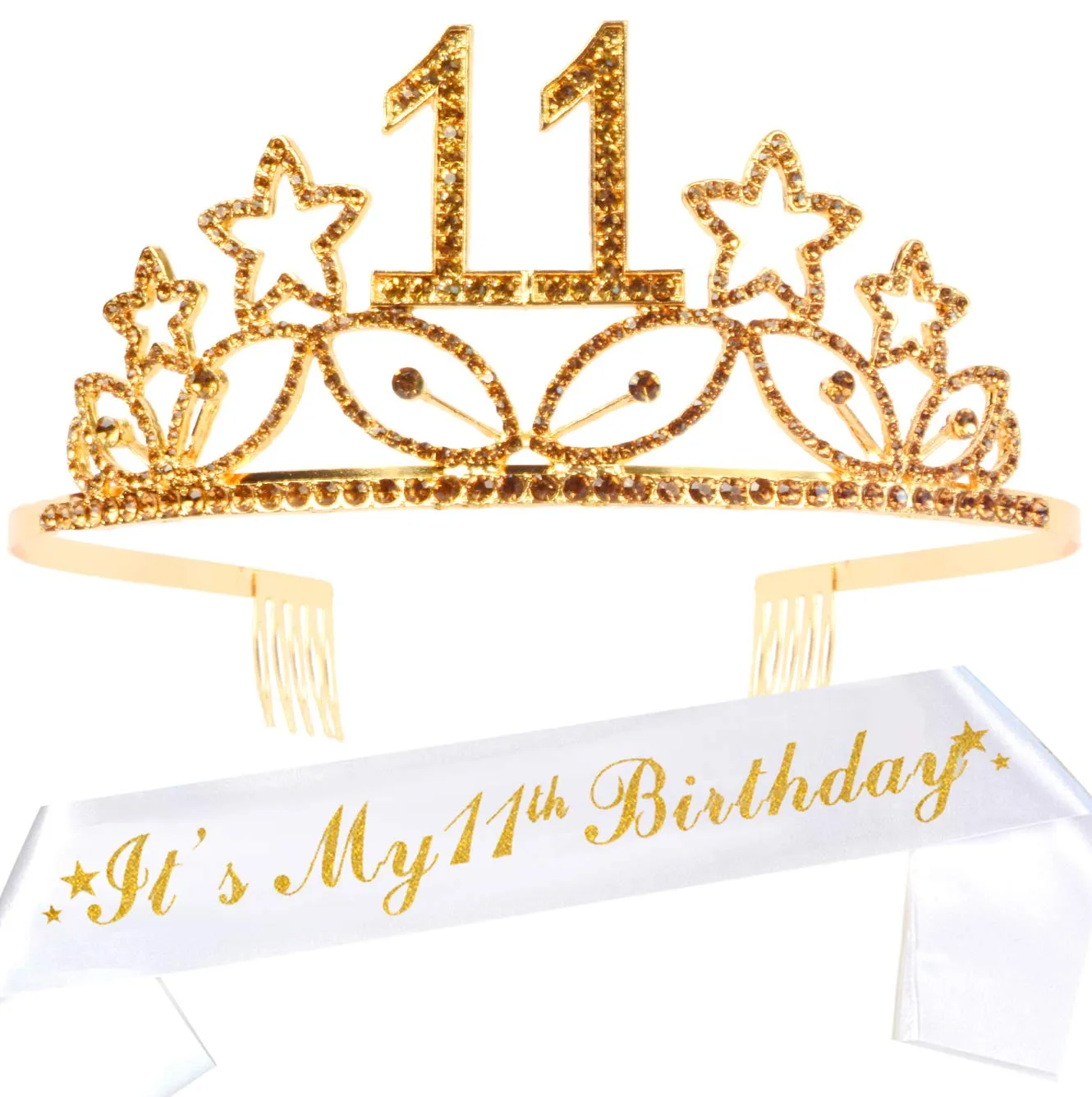 11th Birthday Gifts for Girl, 11th Birthday Tiara and Sash Gold, HAPPY 11th Birthday Party