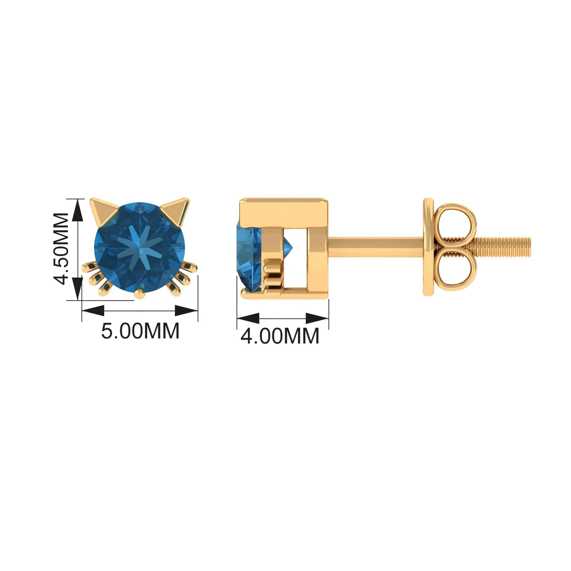 1.25 CT Solitaire London Blue Topaz Cat Stud Earrings in Gold