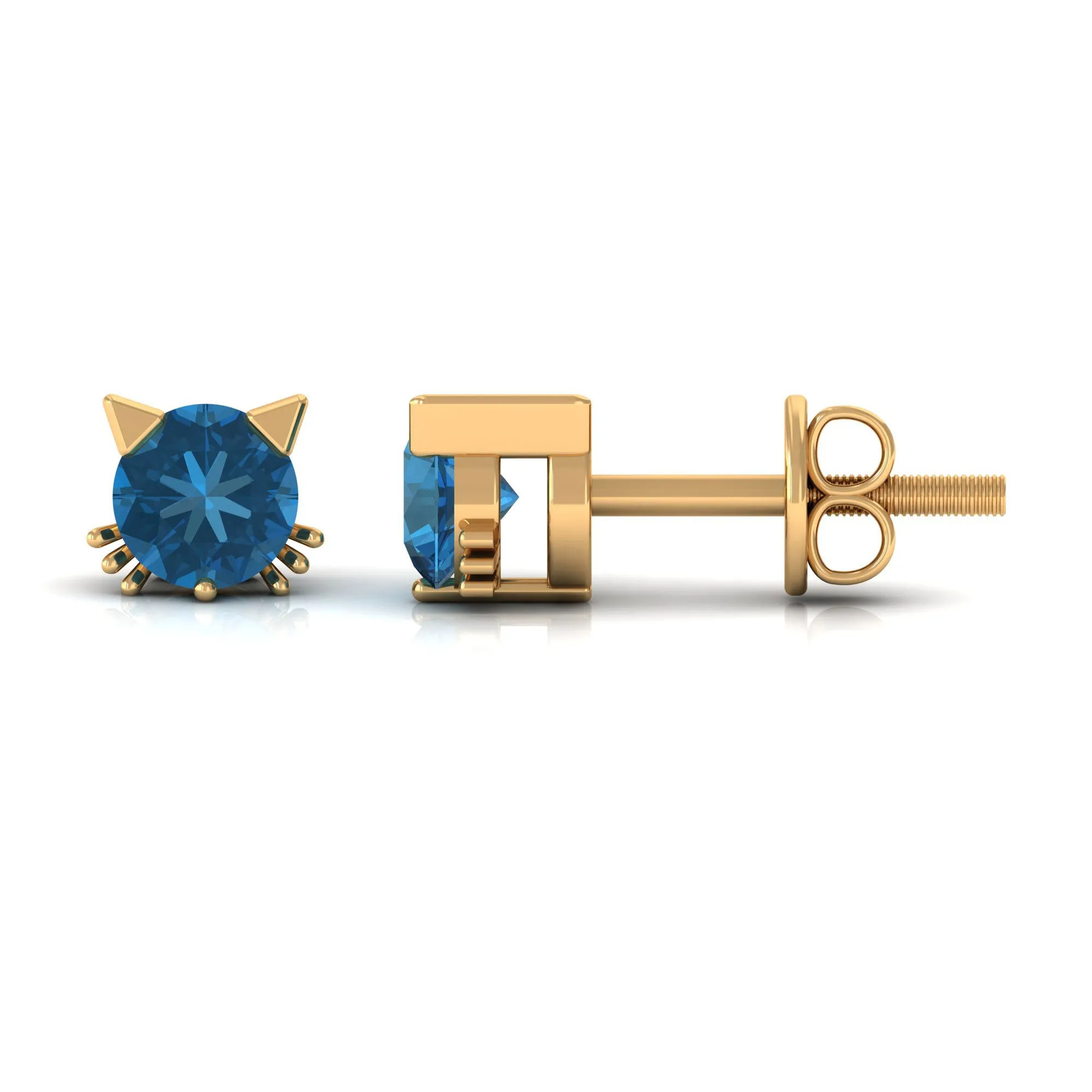 1.25 CT Solitaire London Blue Topaz Cat Stud Earrings in Gold