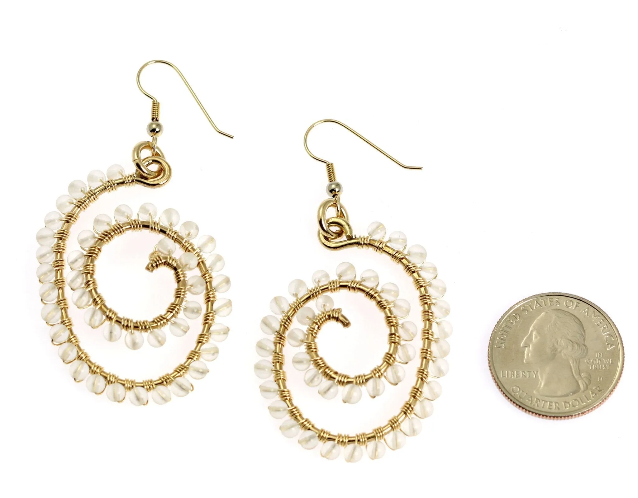 14K Gold-filled Wire Wrapped Spiral Earrings with Crystal Quartz Gemstones