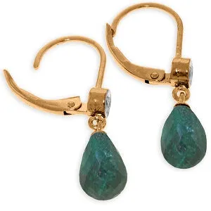 14K Solid Rose Gold Leverback Earrings Diamond & Emerald