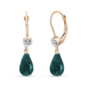 14K Solid Rose Gold Leverback Earrings Diamond & Emerald