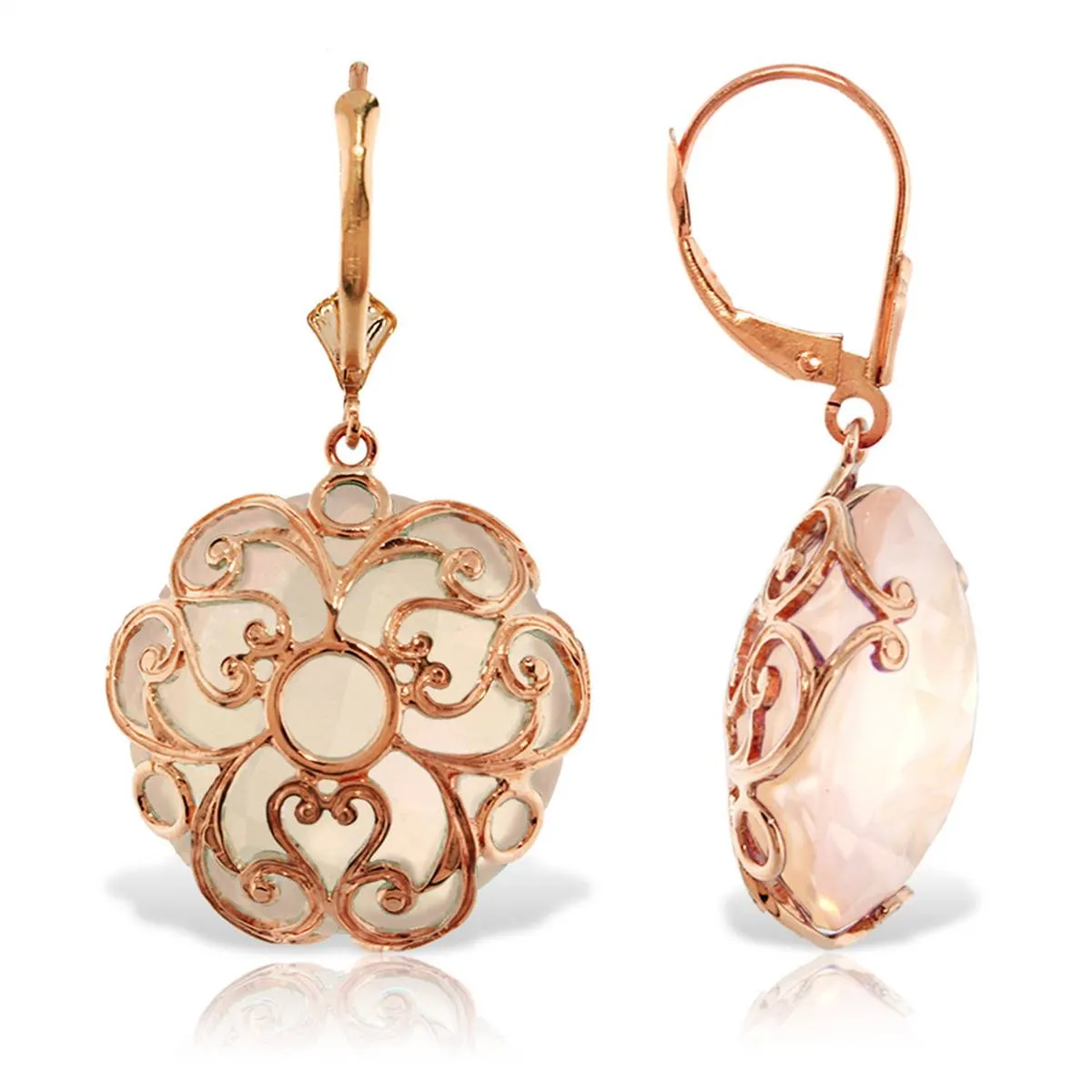 14K Solid Rose Gold Leverback Earrings Round Rose Quartz