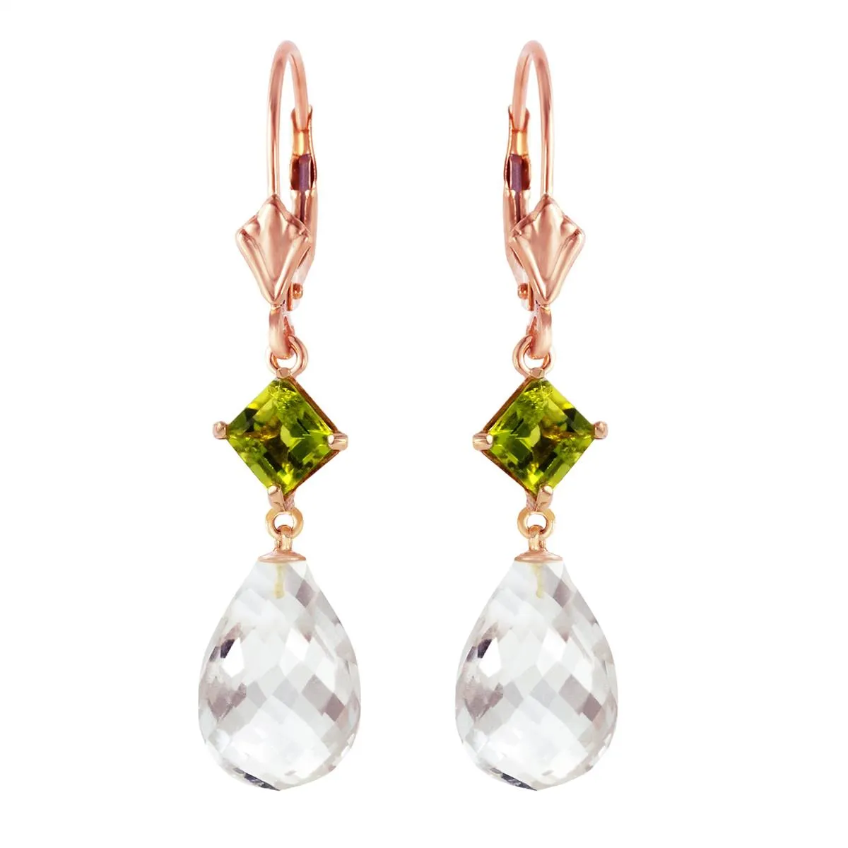 14K Solid Rose Gold Leverback Earrings w/ Peridot & Rose Topaz