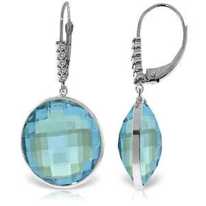 14K Solid White Gold Diamonds Leverback Earrings w/ Checkerboard Cut Round Blue Topaz