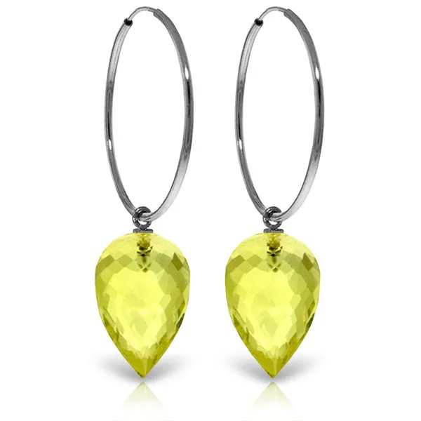 14K Solid White Gold Hoop Earrings w/ Pointy Briolette Drop Lemon Quartz