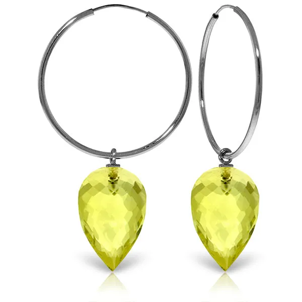 14K Solid White Gold Hoop Earrings w/ Pointy Briolette Drop Lemon Quartz