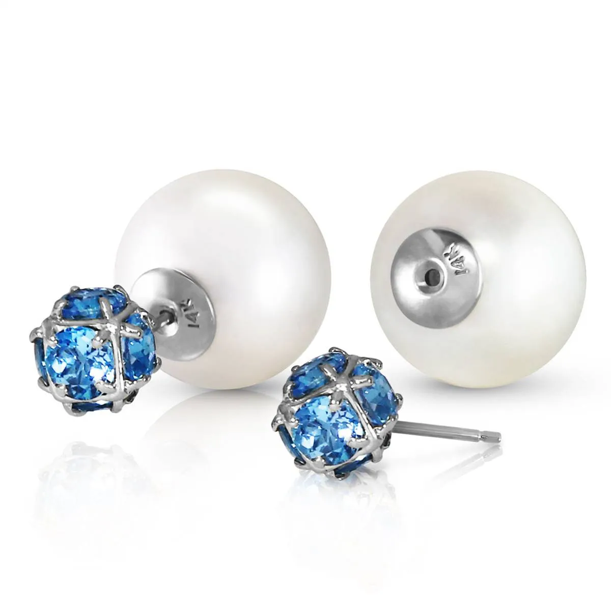 14K Solid White Gold Tribal Double Shell Pearls And Blue Topaz Stud Earrings