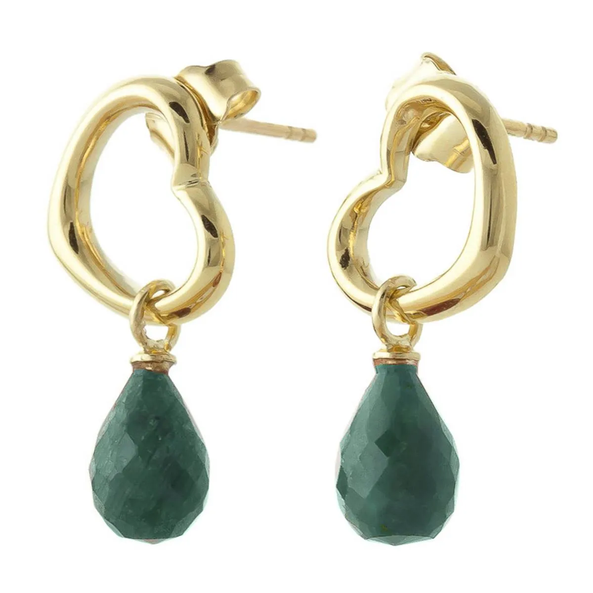 14K Solid Yellow Gold Heart Earrings w/ Dangling Natural Emeralds