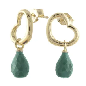 14K Solid Yellow Gold Heart Earrings w/ Dangling Natural Emeralds