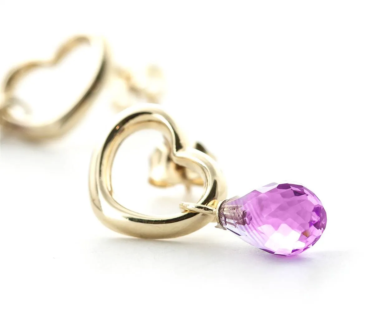 14K Solid Yellow Gold Heart Earrings w/ Dangling Natural Pink Topaz