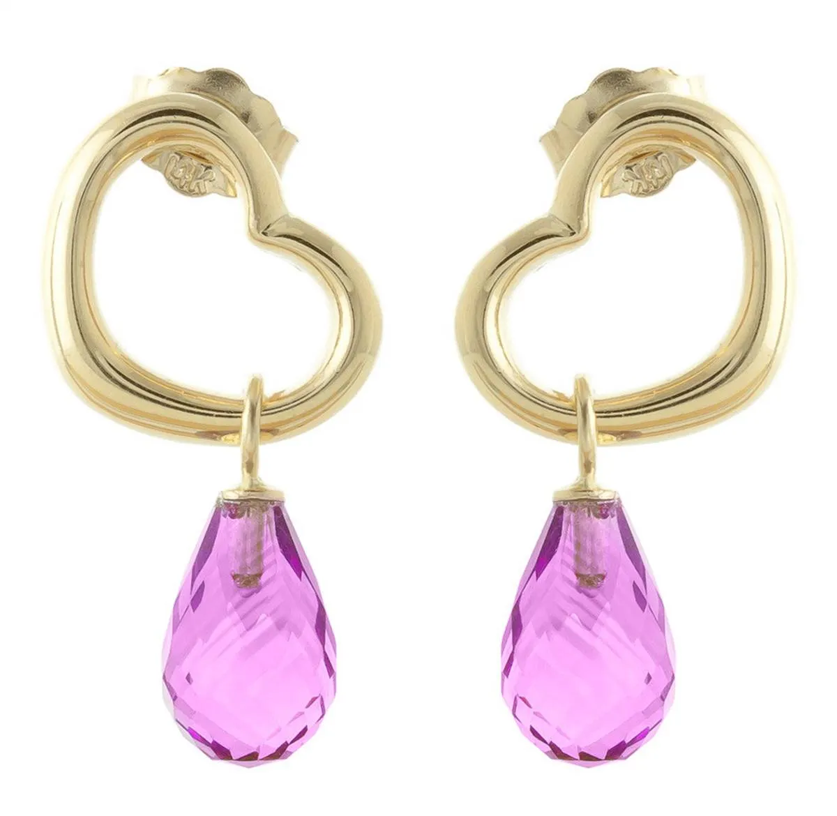 14K Solid Yellow Gold Heart Earrings w/ Dangling Natural Pink Topaz