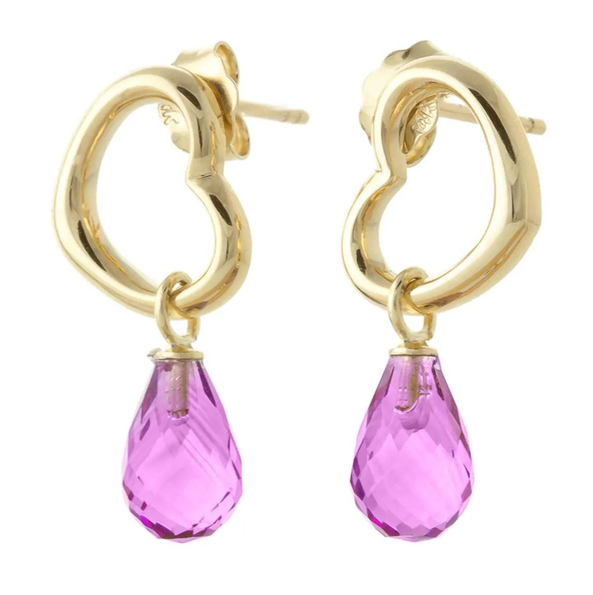 14K Solid Yellow Gold Heart Earrings w/ Dangling Natural Pink Topaz