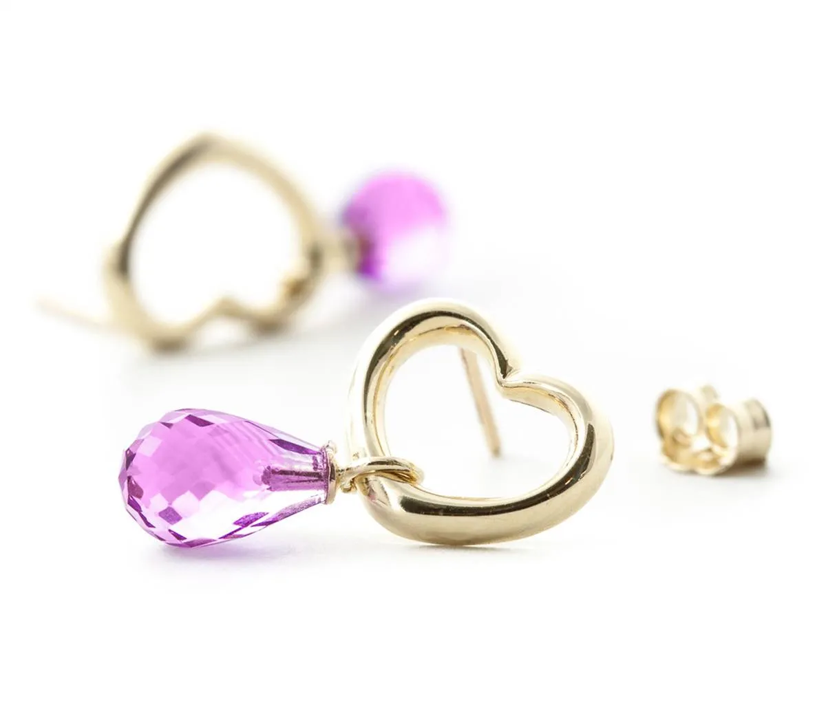 14K Solid Yellow Gold Heart Earrings w/ Dangling Natural Pink Topaz