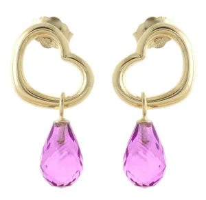 14K Solid Yellow Gold Heart Earrings w/ Dangling Natural Pink Topaz