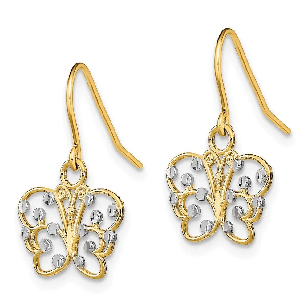 14K Two-Tone Gold Diamond-cut Butterfly Wire Earrings