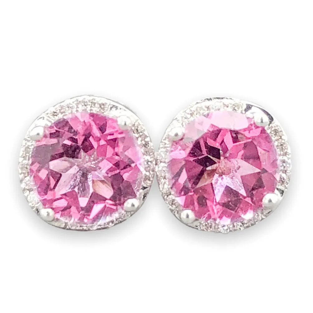 14K W Gold 1.5cttw Pink Topaz & 0.04cttw SI1/G-H Diamond Halo Stud Earrings