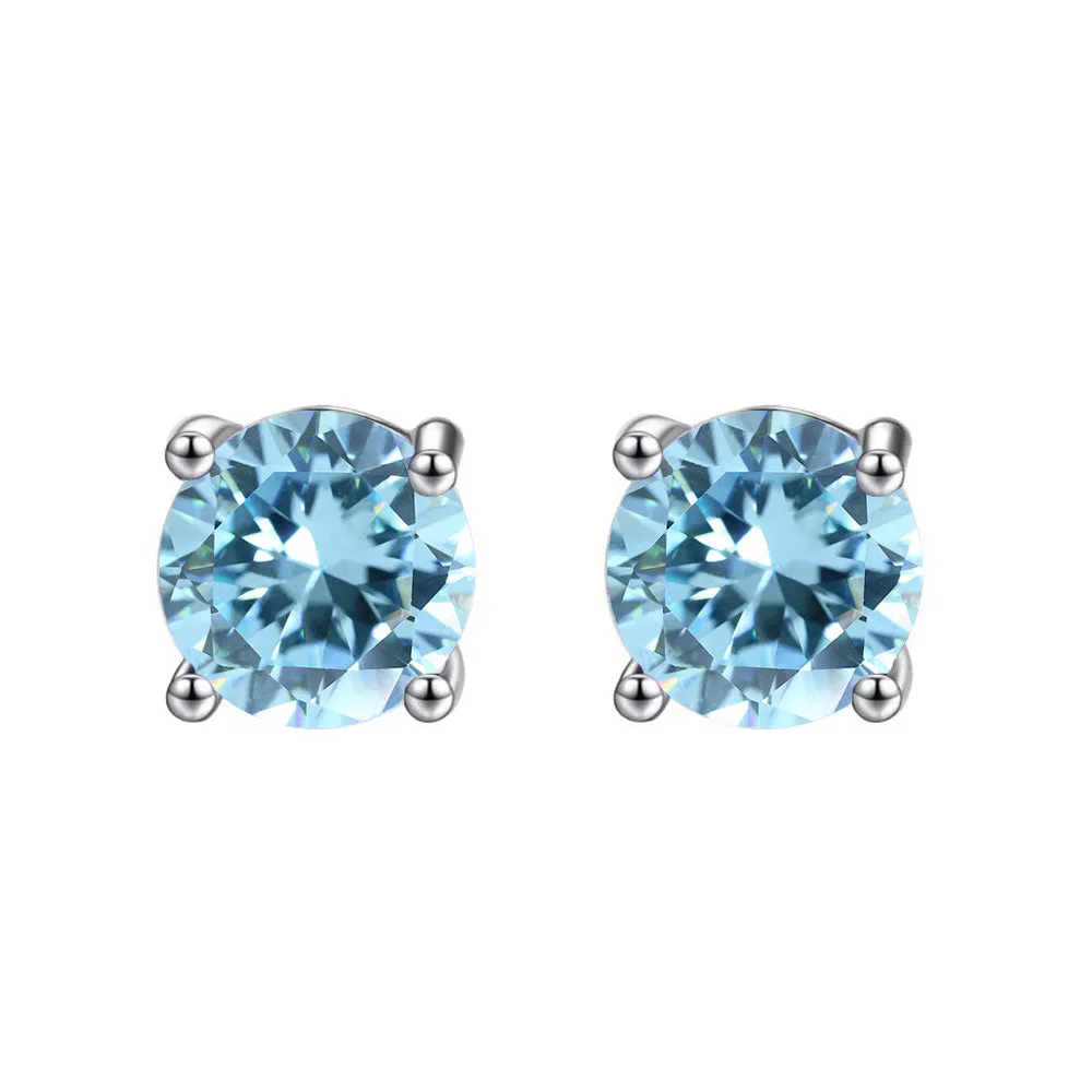 14k White Gold Plated 1 Carat Round Created Blue Topaz Sapphire Stud Earrings