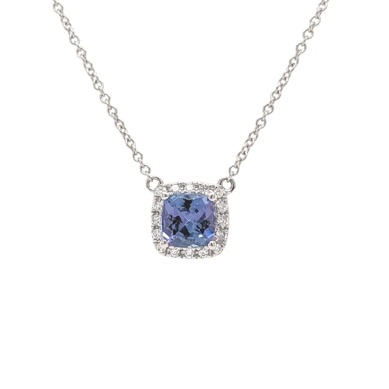 14K White Gold Tananzite Diamond Halo Necklace