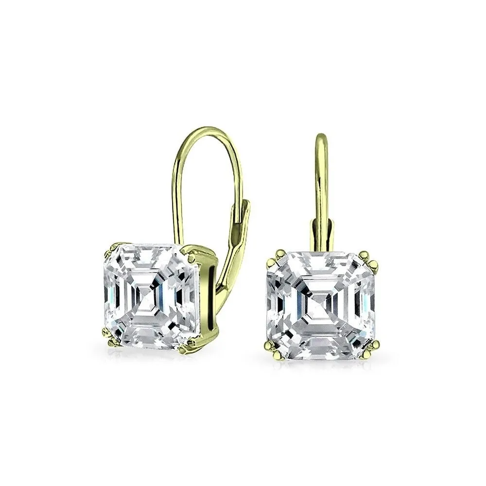 1.5 Carat CZ White Topaz Asscher-Cut Leverback Earrings Sterling Silver Gold Tone