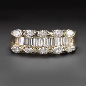 1.5 CARAT DIAMOND COCKTAIL BAND BAGUETTE MARQUISE 3 ROW 14k YELLOW GOLD NATURAL