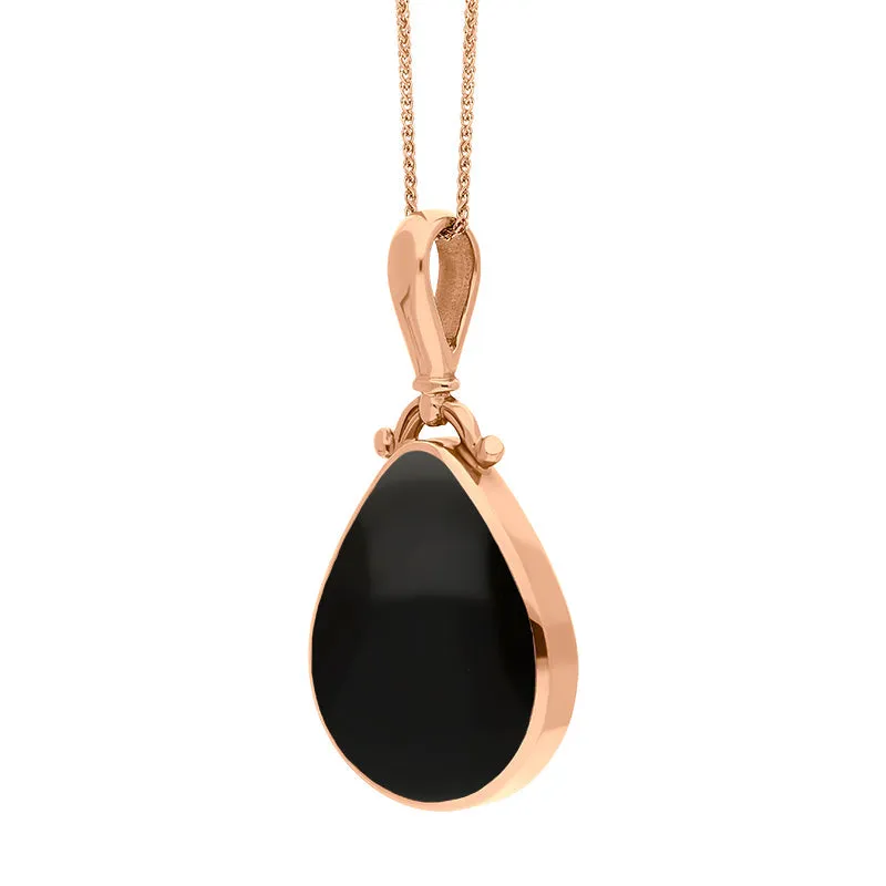 18ct Rose Gold Whitby Jet Turquoise Double Sided Pear Fob Necklace