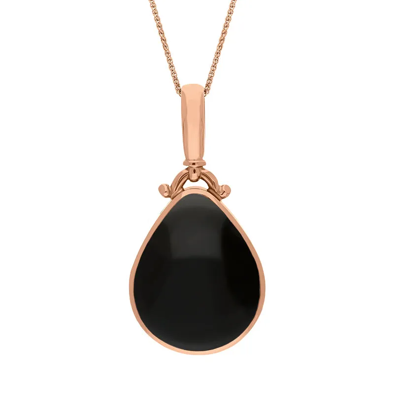 18ct Rose Gold Whitby Jet Turquoise Double Sided Pear Fob Necklace