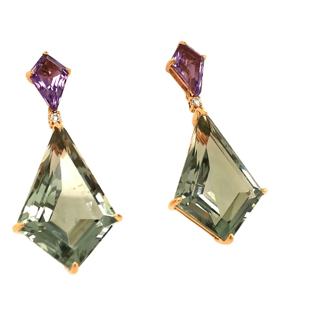 18k Yellow Gold Fancy Cut Amethyst and Green Quartz Earrings