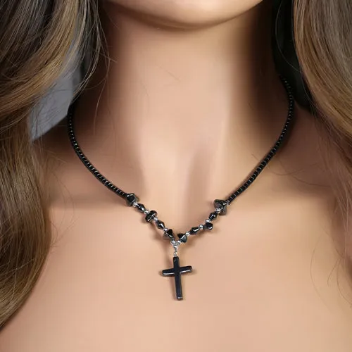 18" Black Cross Hematite Necklace