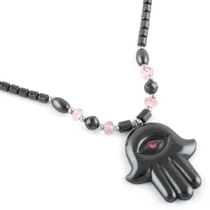 18" Hamsa Pink CZ Hematite Necklace