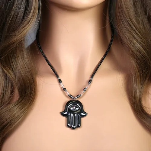 18" Hamsa Pink CZ Hematite Necklace