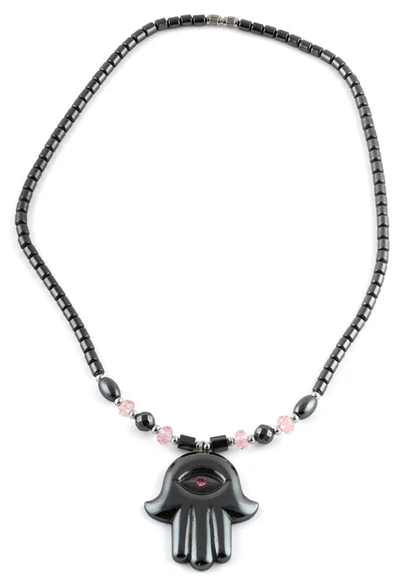 18" Hamsa Pink CZ Hematite Necklace