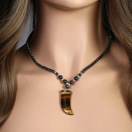 18" Tiger Eye Flat Tooth Stone Hematite Necklace