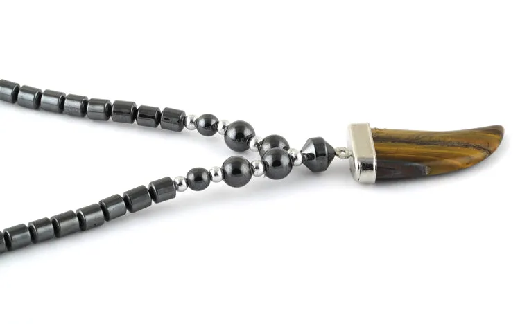 18" Tiger Eye Flat Tooth Stone Hematite Necklace