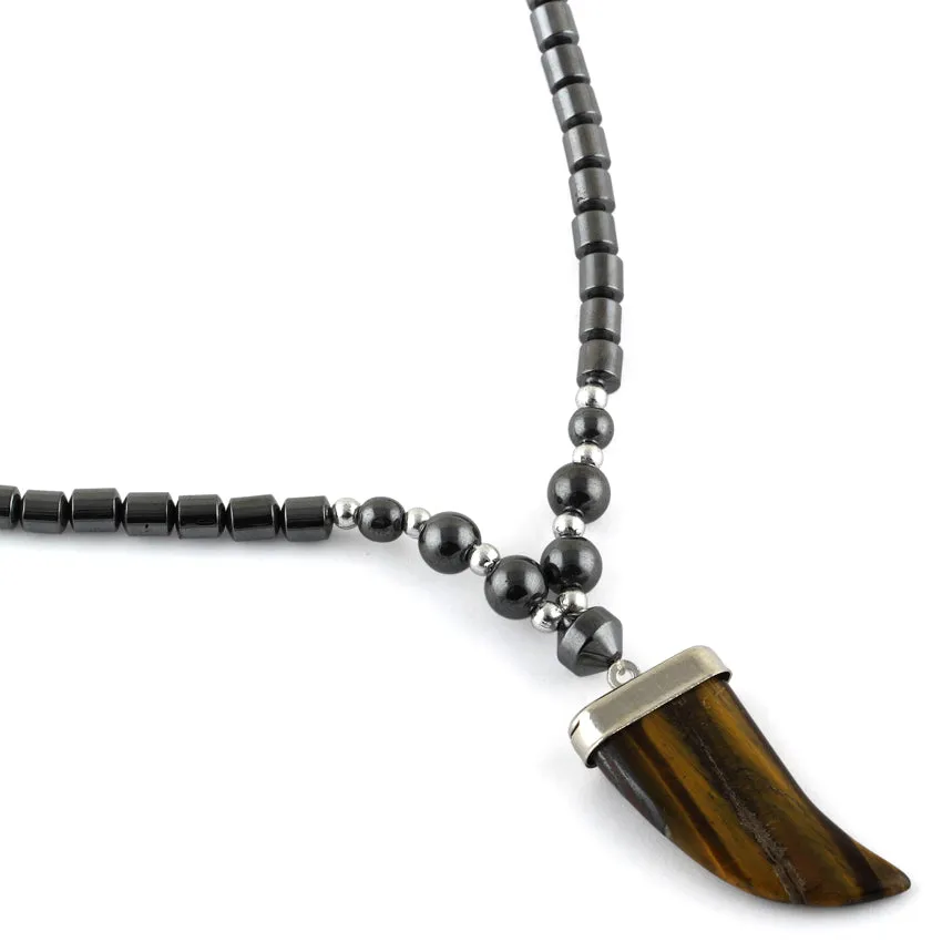 18" Tiger Eye Flat Tooth Stone Hematite Necklace