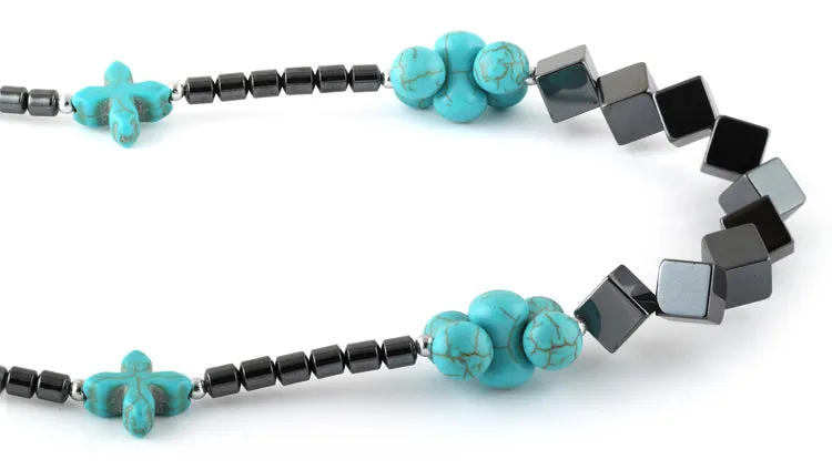 18" Turquoise Stones Hematite Cubes Necklace