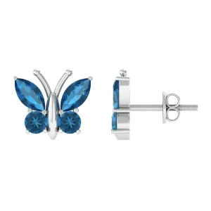 2 CT Butterfly Stud Earrings with Round and Marquise Cut London Blue Topaz