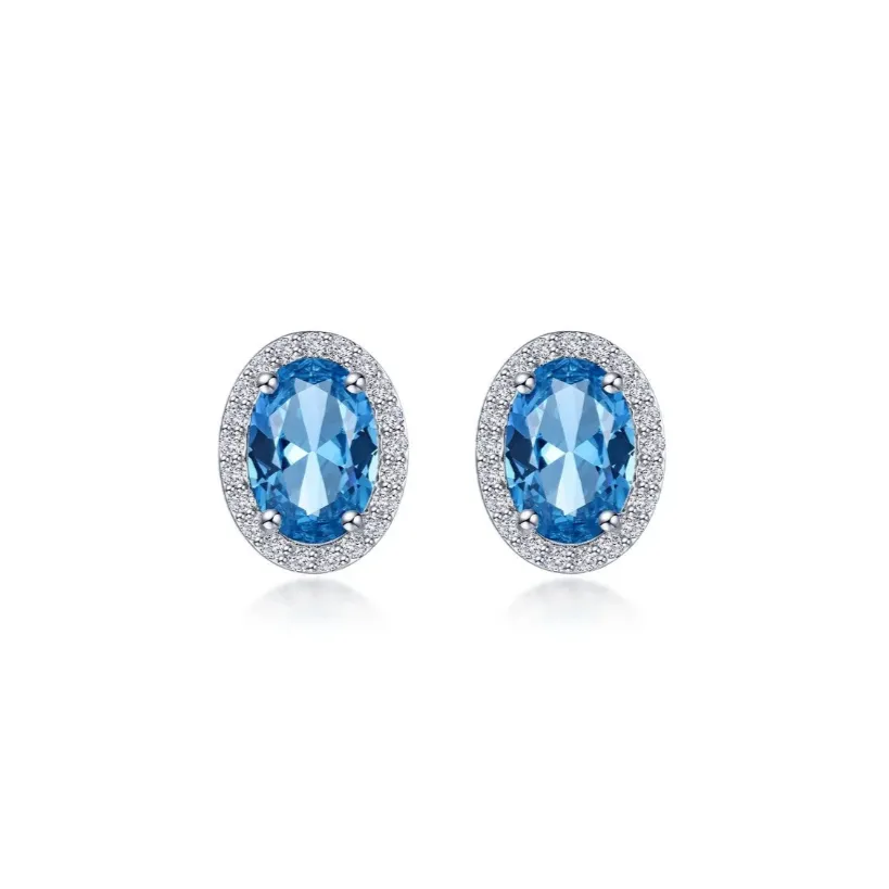 2.96 CTW Blue Topaz Oval Halo Stud Earrings