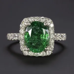 3ct GIA CERTIFIED EMERALD DIAMOND COCKTAIL RING 18K WHITE GOLD HALO OVAL CUSHION