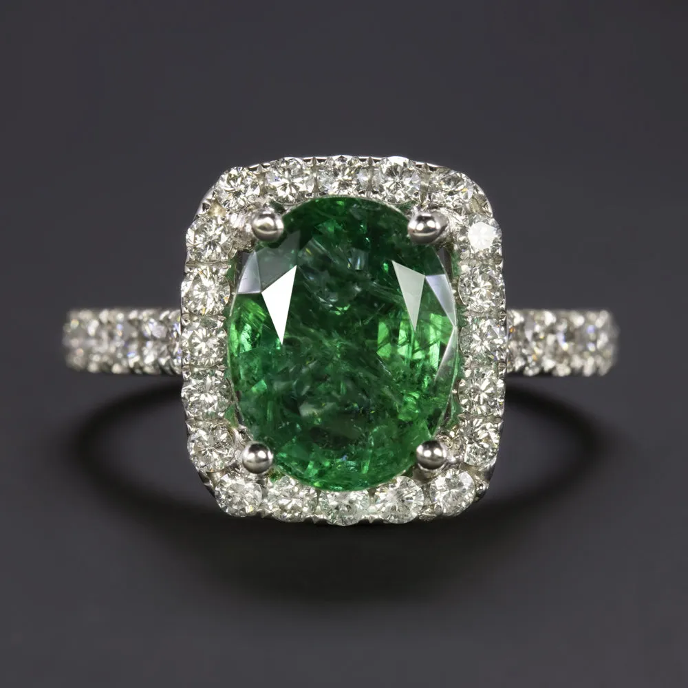 3ct GIA CERTIFIED EMERALD DIAMOND COCKTAIL RING 18K WHITE GOLD HALO OVAL CUSHION