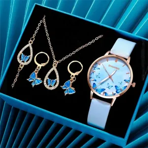 5-Piece Set: Creative Butterfly Dial Women's Quartz Watch | Leather Strap Wristwatch with Bracelet, Necklace & Earrings