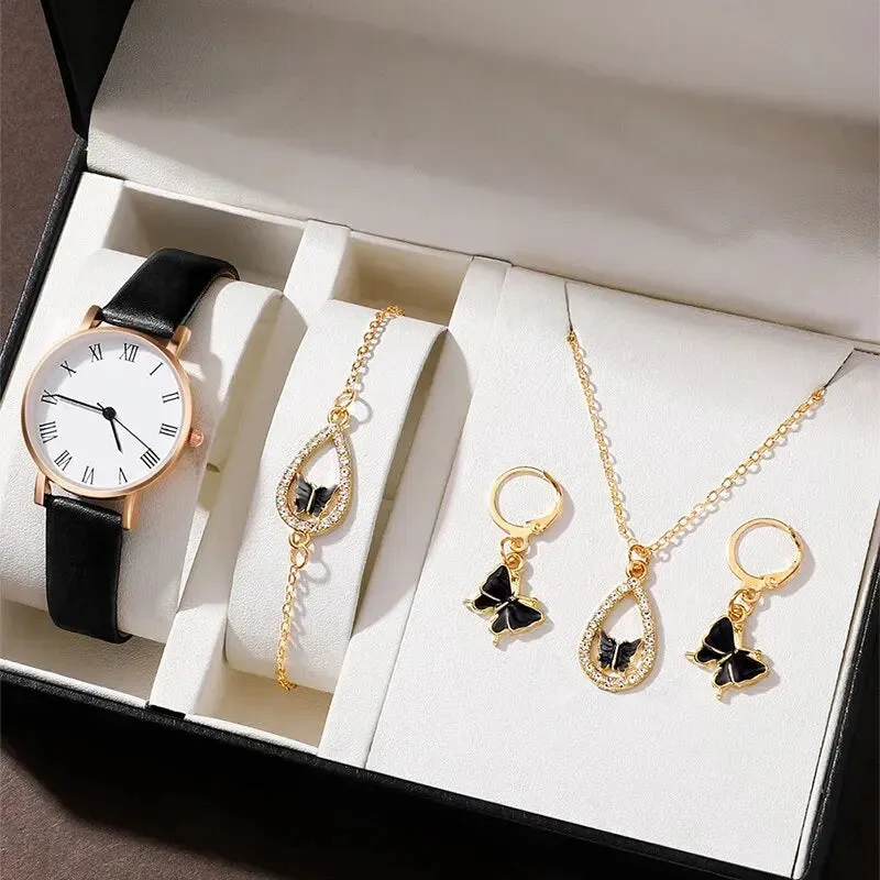 5PCS Luxury Rhinestone Women Watch Set | Elegant Quartz Wristwatch with Earrings, Necklace, and Bracelet | Perfect Gift for Women