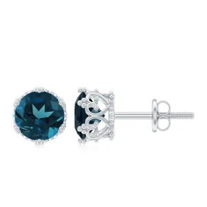 6 MM London Blue Topaz Solitaire Crown Stud Earrings