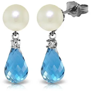 6.6 Carat 14K Solid White Gold Stud Earrings Diamond, Blue Topaz Pearl