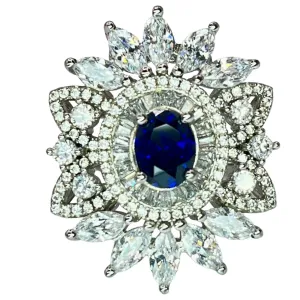 925 Sterling Silver Blue Sapphire CZ Size 7.75 Ring Statement Cocktail Art Deco