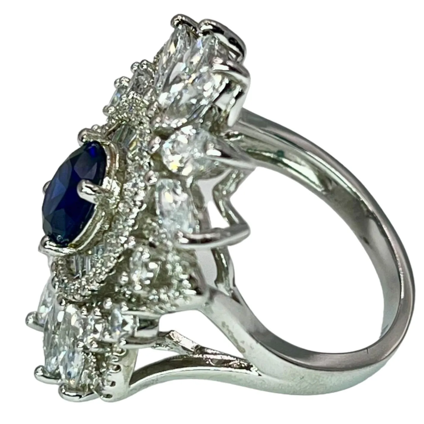 925 Sterling Silver Blue Sapphire CZ Size 7.75 Ring Statement Cocktail Art Deco