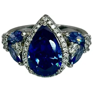 925 Sterling Silver Blue Sapphire Pear Cut CZ Halo Ring Size 7.75 Cocktail