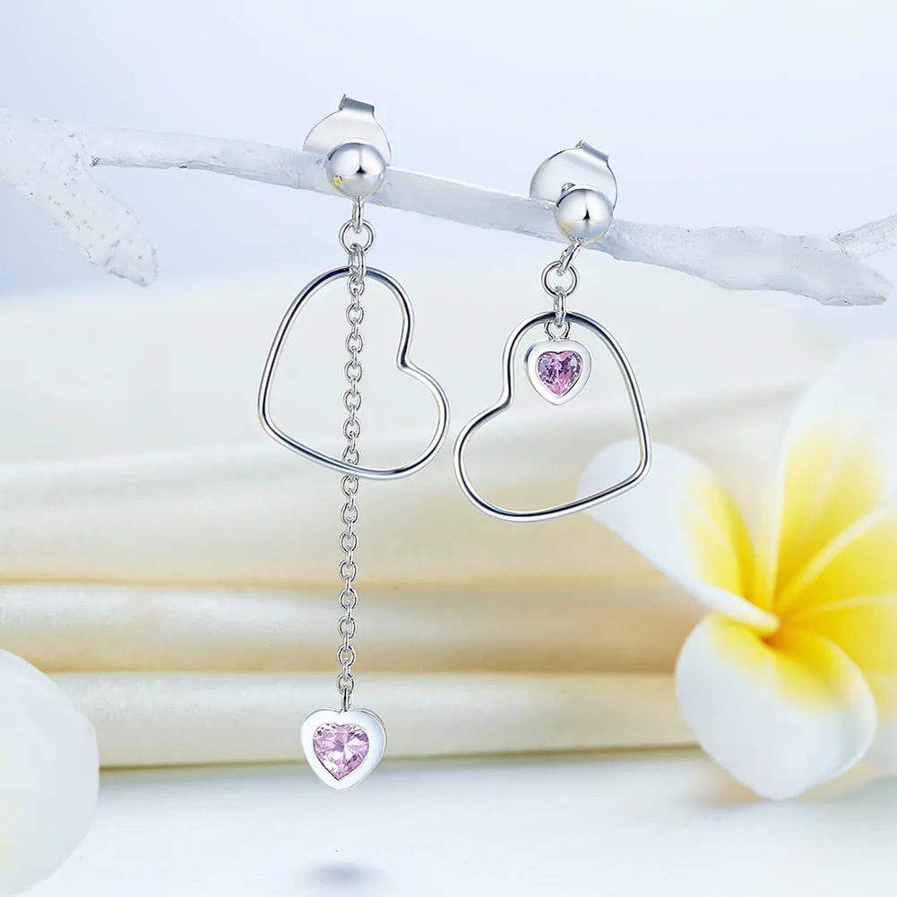 925 Sterling Silver Dangle Drop Pink Heart Earrings XFE8152