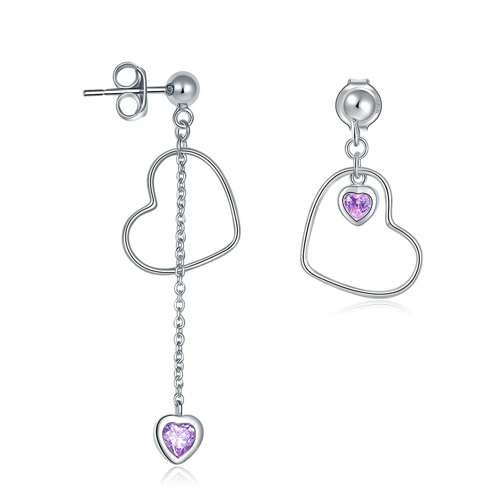 925 Sterling Silver Dangle Drop Pink Heart Earrings XFE8152